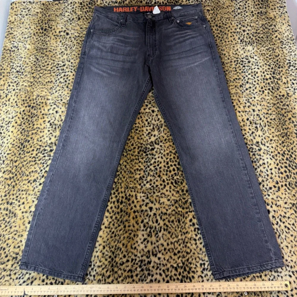 Harley-Davidson Mens Faded Black Straight Leg Denim Jeans 36x32 Biker Moto